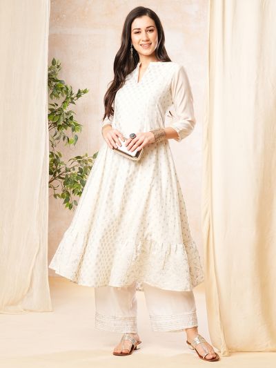 Globus Women Off White Printed Mandarin Collar Anarkali Kurta
