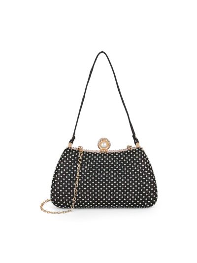 Globus Women Black Embellished Single Handle Curve Shape Party Clutch With Detachable Chain Strap