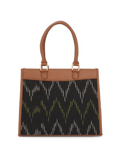 Globus Women Black Vegan Leather Ikat Abstract Print Double Handle Handheld Bag 