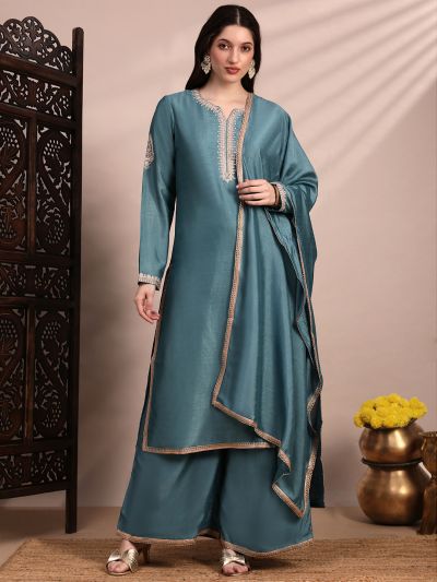Globus Women Blue Long Sleeves Round Neck Sequinned & Zari Embroidery Work Kurta with Wide Leg Palazzos & Dupatta Festive Set