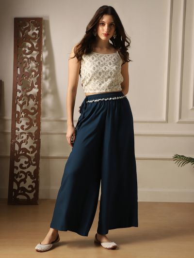Globus Women Teal Lace Insert Drawstring Waist Wide Leg Flared Palazzo