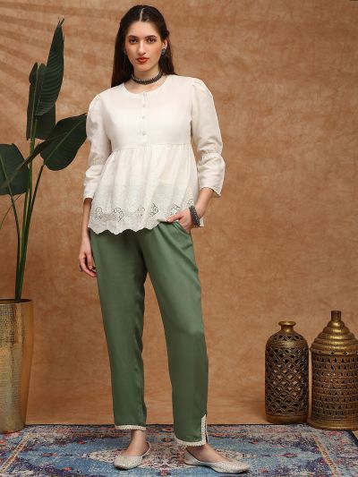 Globus Women Olive Mid Rise Lace Detail Tapered Fit Ethnic Pants