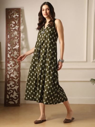 Globus Women Olive Floral Print V-Neck Back Twisted Knot Style Flared Hem A-Line Midi Dress