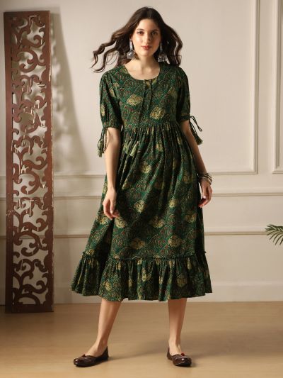 Globus Women Green Round Neck Puff Sleeves Ethnic Print Tie-Ups Detail Tiered A-Line Midi Dress