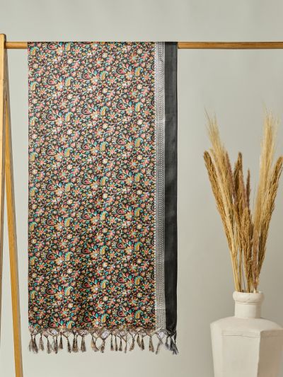 Globus Women Black Floral Print Silk Tasselled Border Dupatta