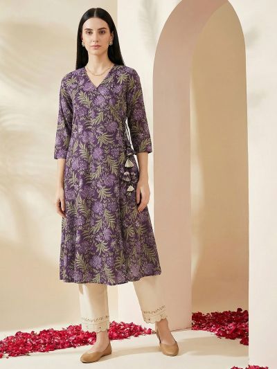 Globus Women Purple Allover Floral Printed Wrap V-Neck Angrakha A-Line Kurta