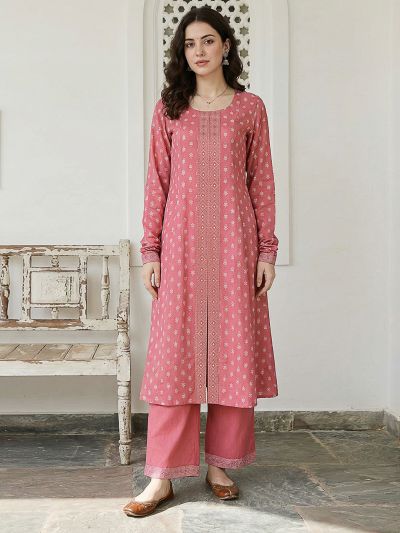 Globus Women Pink Round Neck Ethnic Floral Print Front Slit A-Line Flared Hem Kurta with Wide Leg Pants Set