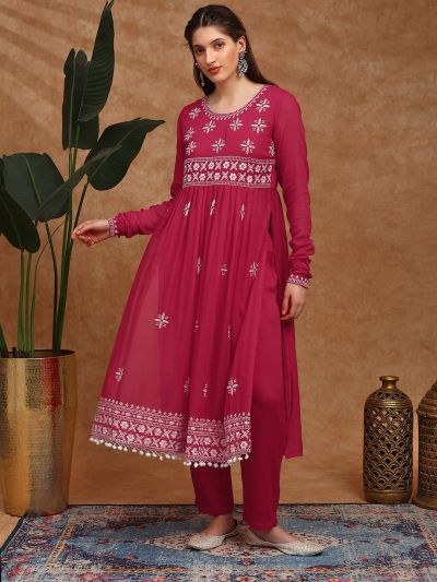 Globus Women Red Floral Embroidered Pleated High-Slit Pom Pom Hem A-Line Kurta & Pants Festive Set