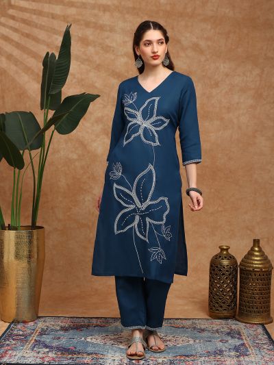 Globus Women Blue V-Neck Floral Embroidered Straight Kurta With Wide Leg Pants Set