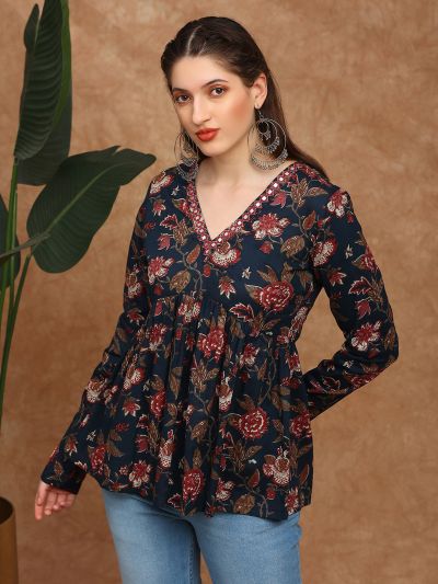 Globus Women Blue Embroidered & Mirror Work Detail V-Neck Long Sleeves Floral Print A-line Alia Cut Tunic