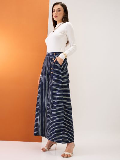 Globus Women Indigo Variegated Stripes Button Detail Mid-Rise Flared Fusion Palazzos