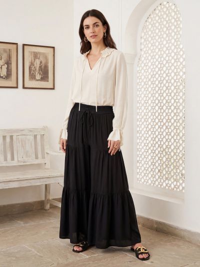 Globus Women Black Mid Rise Drawstring Waist Tiered Flared Hem Wide Leg Fusion Palazzos