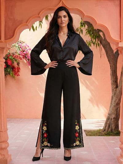 Globus Women Black Mid Rise Flared Embroidered Hem Side Slits Fusion Palazzos