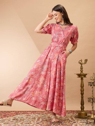 Globus Women Pink Wrap V-Neck Puff Sleeves Abstract Print Flared Wide Leg Fusion Jumpsuit with Belt