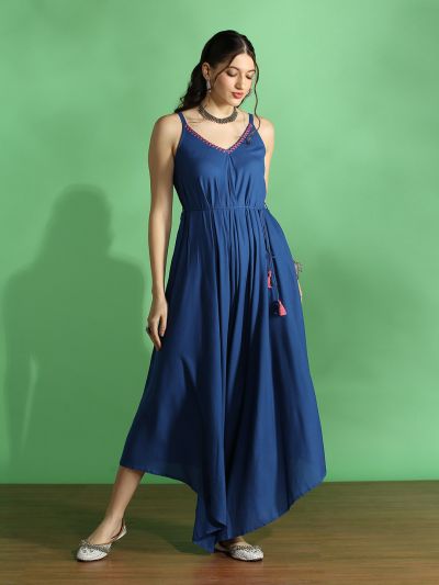 Globus Women Indigo Embroidered V-Neck Strappy Sleeve Waist Tie-Up Asymmetric Flared Hem Fusion Jumpsuit