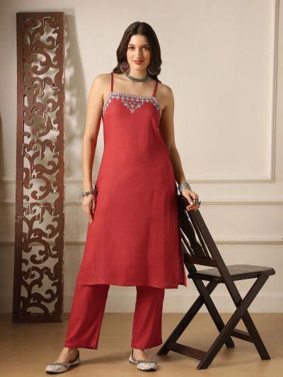 Globus Women Rust Square Neck Embroidered Detail Strappy Sleeves Straight Kurta & Pant Fusion Set