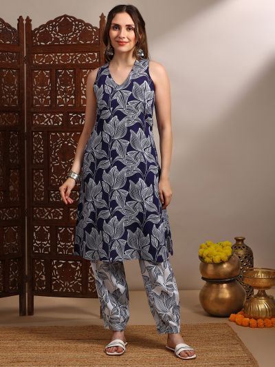 Globus Women Blue V-Neck Sleeveless Abstract Print A-Line Kurta With Pants Fusion Set