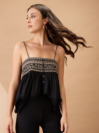 Globus Women Black Embroidered Square Neck Shoulder Strap Asymmetric Hem Fusion Tunic