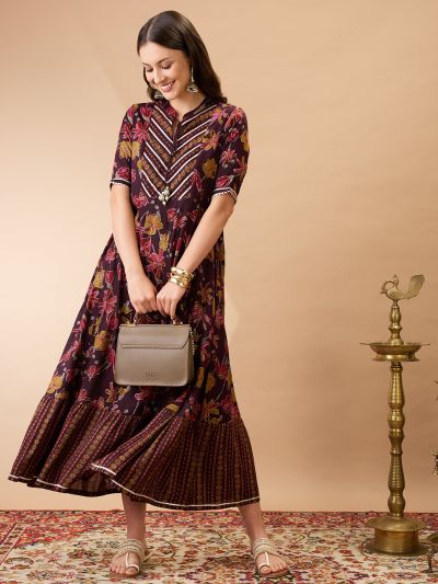 Globus Women Wine Floral Print Mandarin Collar Gotta Lace Yoke Flared Hem A-Line Maxi Dress