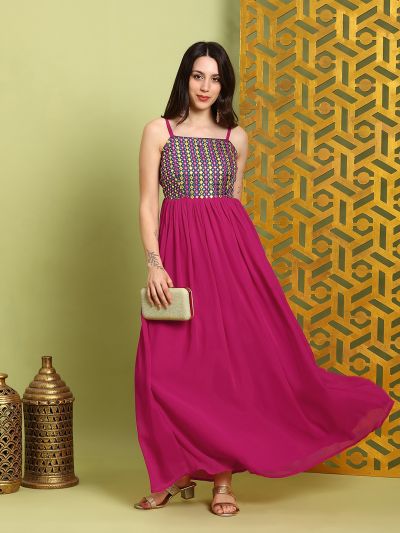 Globus Women Pink Georgette Square Neck Shoulder Straps Embroidered & Mirror Work Detail Tiered Fit & Flare Maxi Dress