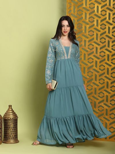 Globus Women Sea Green V-Neck Pleated Embroidered Detail Gold Foil Ethnic Print Fit & Flare Maxi Festive Dress