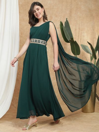 Globus Women Dark Green Georgette Strappy Shoulder Fit & Flare Maxi Festive Draped Dress With Embroidered Belt