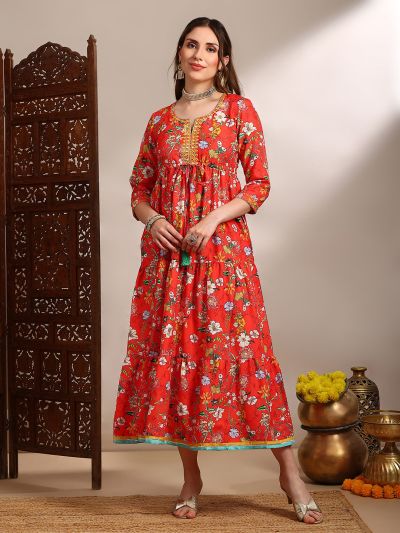 Globus Women Red Allover Floral Print Round V-Neck Embroidered & Mirror Work Waist Tie-Ups Tiered Fit & Flare Midi Festive Dress