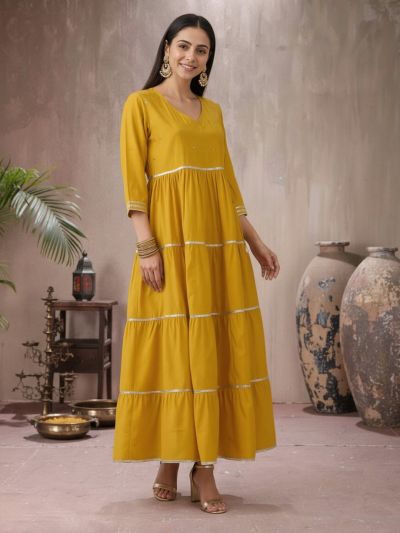 Globus Women Yellow V-Neck Sequinned Tie-Up Detail Gotta Patti Tiered Fit & Flare Maxi Festive Dress
