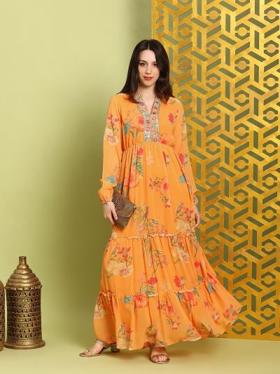 Globus Women Mustard Embroidered V-Neck Bishop Sleeves Floral Print Tiered Fit & Flare Maxi Festive Dress