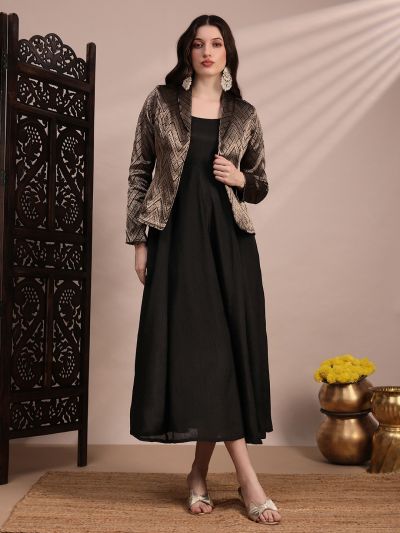 Globus Women Black Panelled Fit & Flare Midi Dress With Shawl Lapel Self Design Festive Brocade Blazer