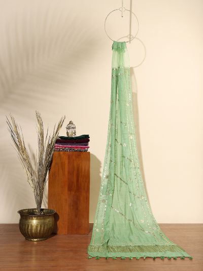 Globus Women Green Gotta Patti Detail Organza Tasselled Border Festive Dupatta