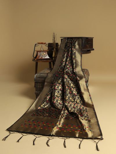 Globus Women Black Floral Woven Design Brocade Tasselled Border Festive Dupatta
