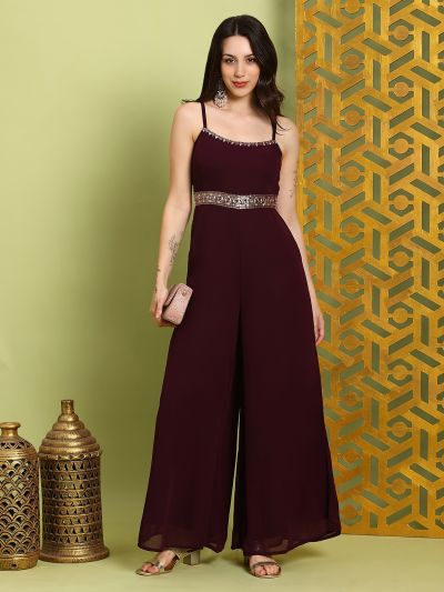 Globus Women Brown Scoop Neck Shoulder Straps Embroidered Detail Georgette Flared Festive Jumpsuit