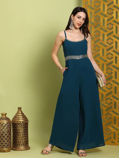Globus Women Green Scoop Neck Shoulder Straps Embroidered Detail Georgette Flared Festive Jumpsuit