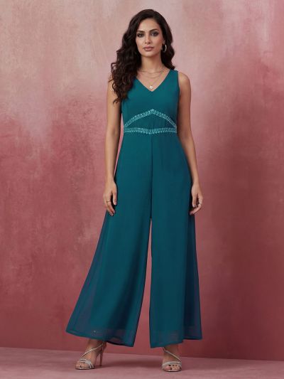 Globus Women Teal V-Neck Sleeveless Embroidered Detail Georgette Flared Festive Jumpsuit
