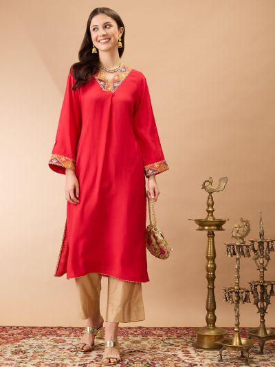 Globus Women Pink V-Neck Bell Sleeves Gotta Patti Lace Detail A-line Festive Kurta