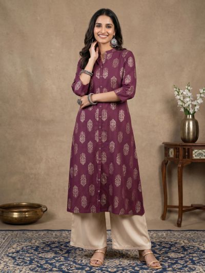 Globus Women Purple Ethnic Floral Gold Foil Print Mandarin Neck Button Down A-Line Festive Kurta 