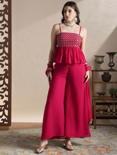 Globus Women Pink Square Neck Strappy Sleeves Sequin Embroidery Peplum Top With Palazzos & Dupatta Festive Coords Set