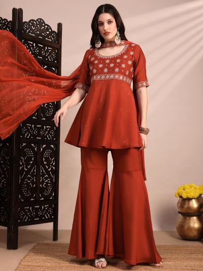 Globus Women Orange Sequinned & Zari Embroidered Yoke Tunic & Gharara With Choker Dupatta Festive Co-Ord Se