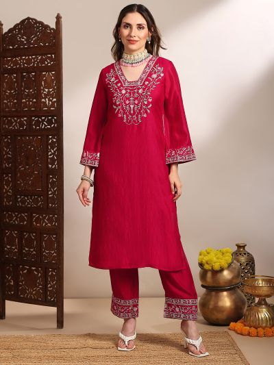 Globus Women Pink Floral Embroidered V-Neck Bell Sleeves Straight Kurta With Pants Festive Set