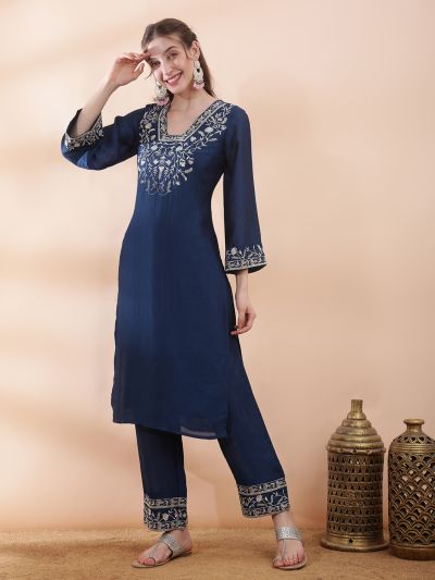 Globus Women Blue Floral Embroidered V-Neck Bell Sleeves Straight Kurta With Pants Festive Set