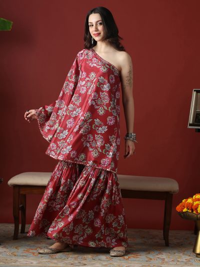 Globus Women Red Floral Print Mirror Detail One Shoulder Tunic & Sharara Fusion Co-Ord Set