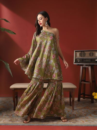 Globus Women Green Floral Print Mirror Detail One Shoulder Bell Sleeves Top & Sharara Festive Co-Ord Set