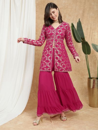 Globus Women Pink V-Neck Gold Foil Print & Mirror Work Lace Detail A-Line Tunic & Sharara Festive Co-Ord Set