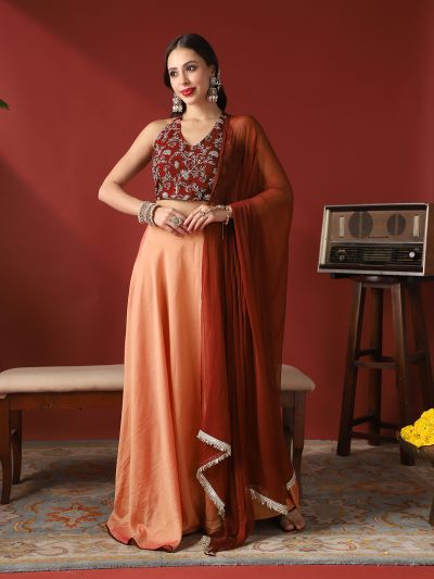 Globus Women Maroon V-Neck Stylised Back Embroidered Blouse & Lehenga With Taping Dupatta Ready To Wear Festive Set