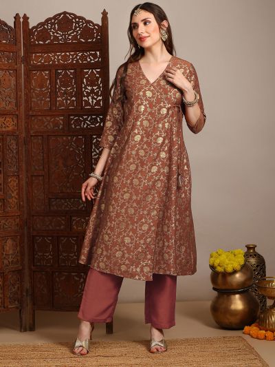 Globus Women Rust V-Neck Gold Foil Floral Print Angrakha A-Line Kurta With Pants Festive Set