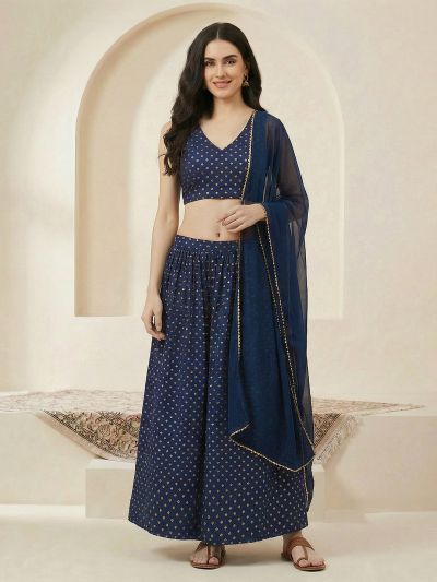 Globus Women Teal V-Neck Bandhani Print Crop Top with Flared Hem Skirt & Dupatta Festive Co-Ord Set