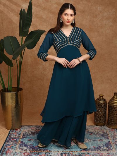 Globus Women Teal V-Neck Floral Zari Embroidered Yoke Georgette A-Line Kurta With Sharara Festive Set