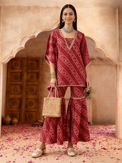 Globus Women Red Bandhani Ethnic Gold Foil Print V-Neck Kimono Sleeves Lace Detail Kaftan Tunic & Sharara Festive Co-Ord Set