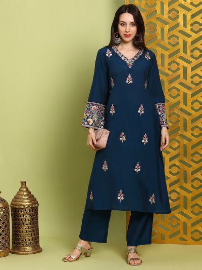 Globus Women Navy Blue Floral Sequin Embroidered V-Neck Bell Sleeves A-Line Kurta With Wide Leg Pants Festive Set